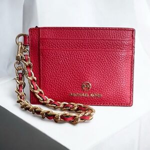 Michael Kors Pebbled Red Leather Card Holder with Gold Logo